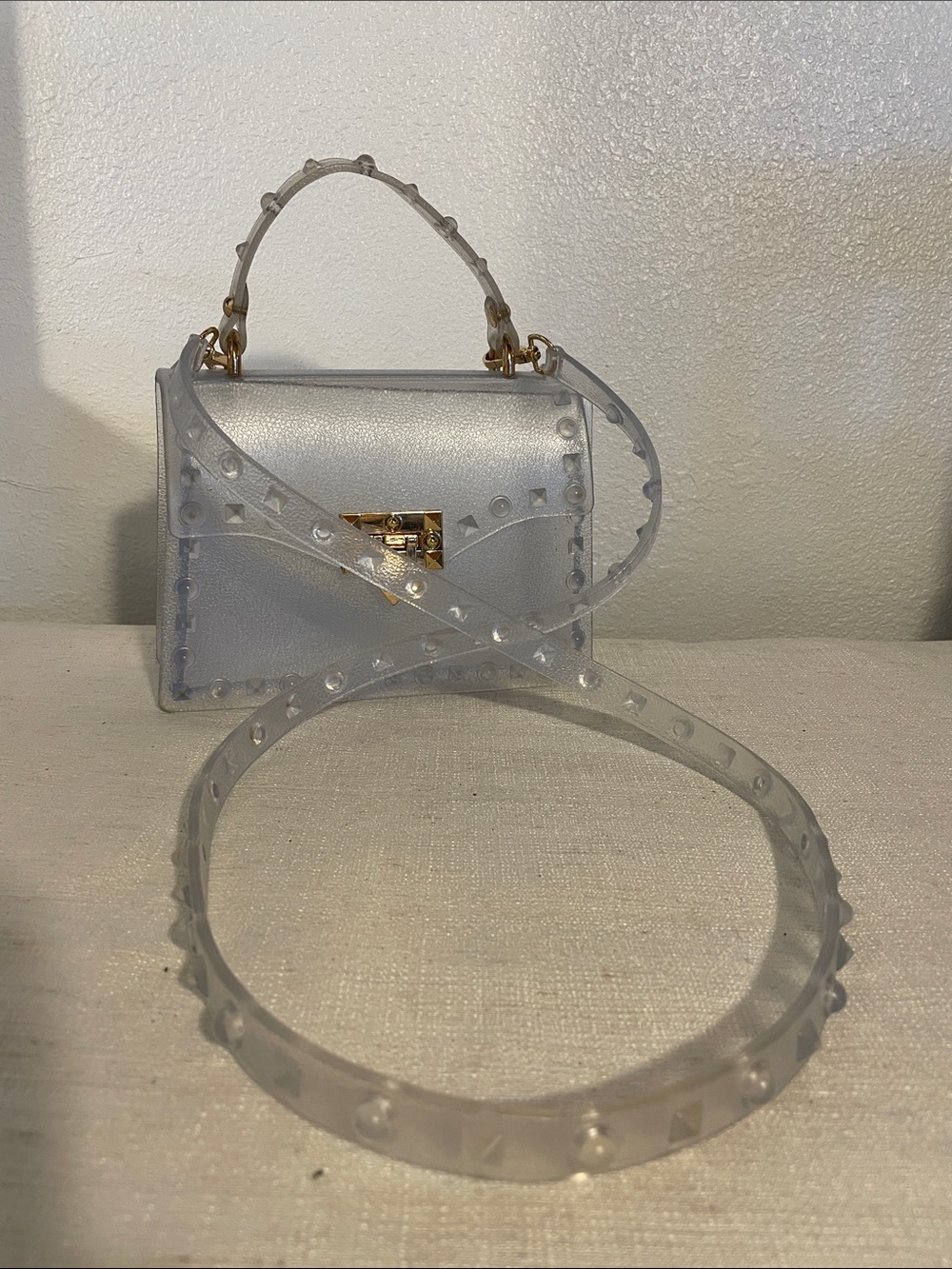 Clear Studded Shoulder Bag with Gold-Tone Lock - Silver